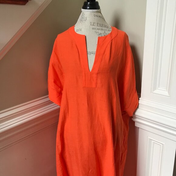 ERES Linen Bibi Kaftan Maxi Dress Womens OS Orange Short Sleeve V-Neck Cover Up - Picture 4 of 12